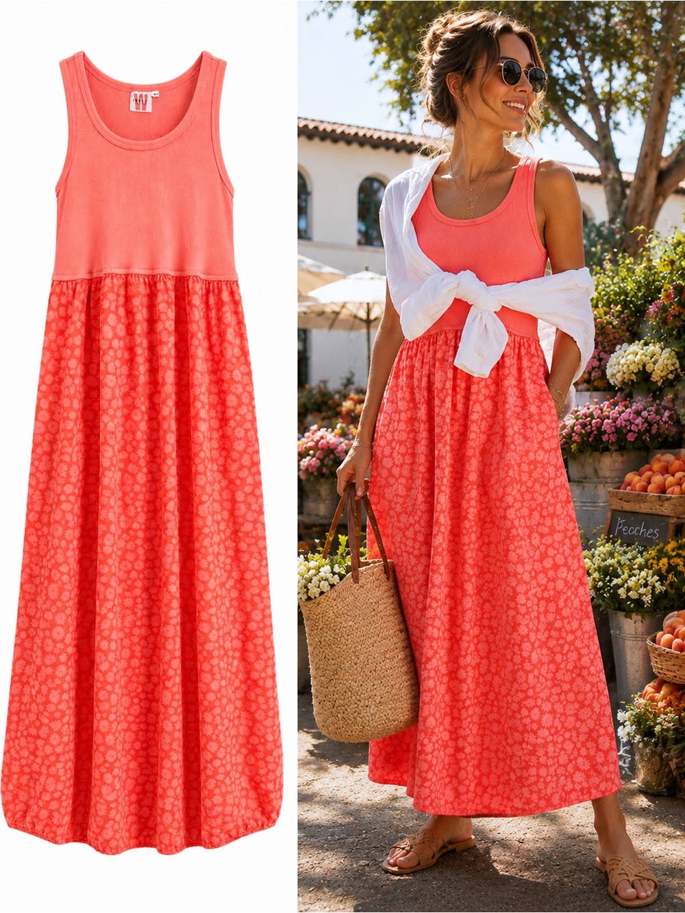 Johnny Was Coral Mixed Media Cotton Maxi Dress Floral Sleeveless Tank Hem Medium